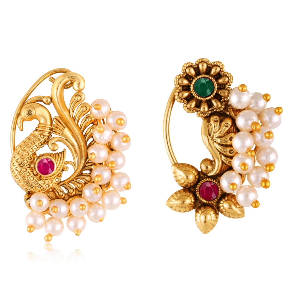 VFJ VIGHNAHARTA FASHION JEWELLERYVighnaharta Golden Moti Pearls Nath Nathiya nose pin Gold Plated Alloy two Nose Ring for woment [VFJ1134Red-1180NTH-Press-Multi]