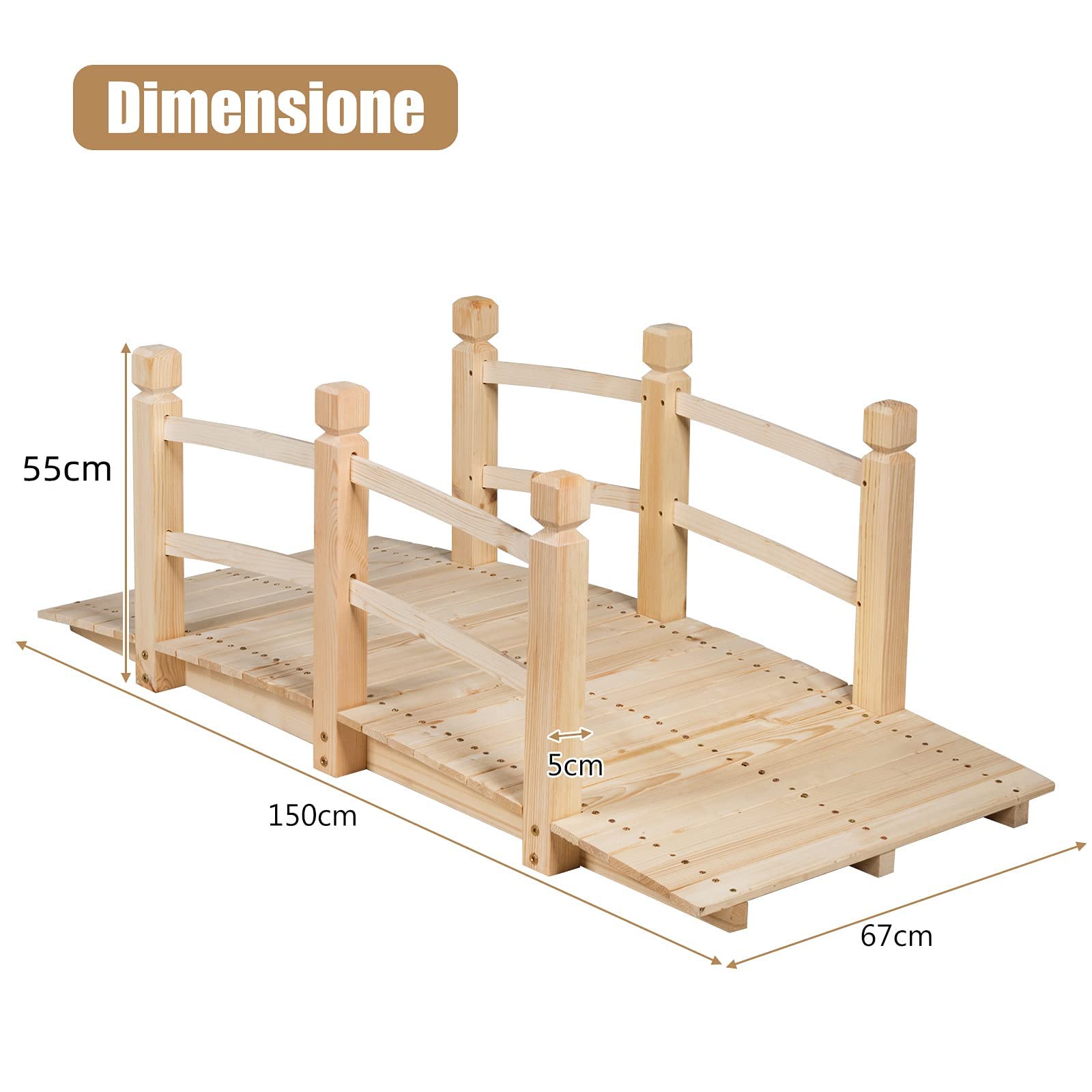 GYMAX Ponte da Giardino in Legno Lungo 150cm，Ponte Paesaggio Antico, Decorazione per Esterno (Naturale)