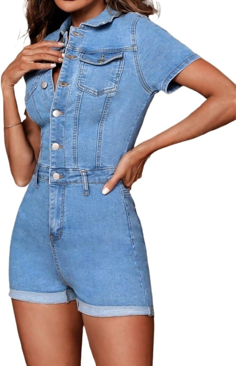 Rompers for Women Summer 2026 Short Sleeve Casual Hem Denim Jumpsuit With Pockets
