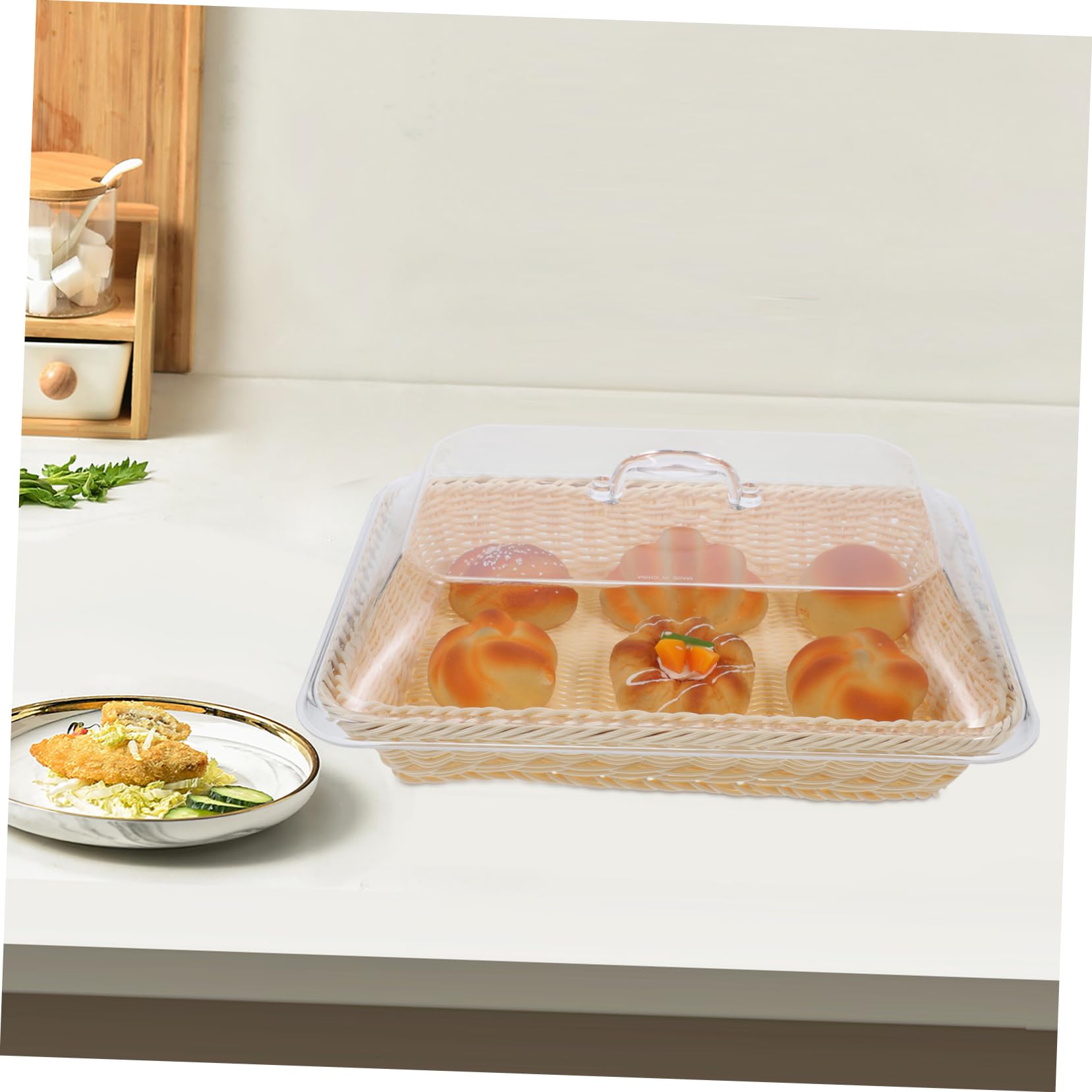 Holibanna Cesta para Servir Pan de Plástico Beige con Tapa, Fácil de Limpiar, Protege de Insectos y Conserva la Frescura Mesa