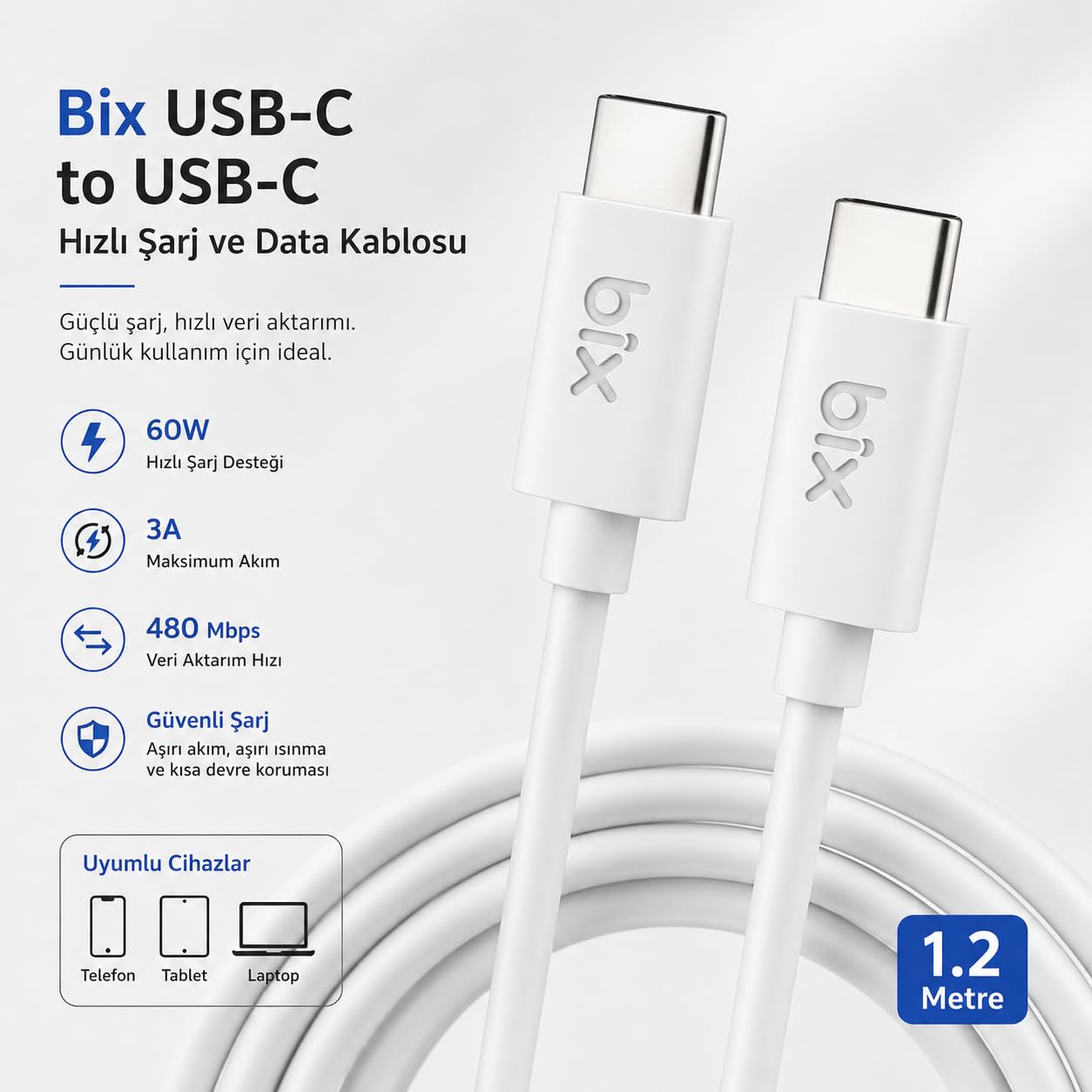 Bix BX-UC02C 60W Type-C to Type-C Hızlı Şarj ve Data Kablosu 1.2 Metre Beyaz