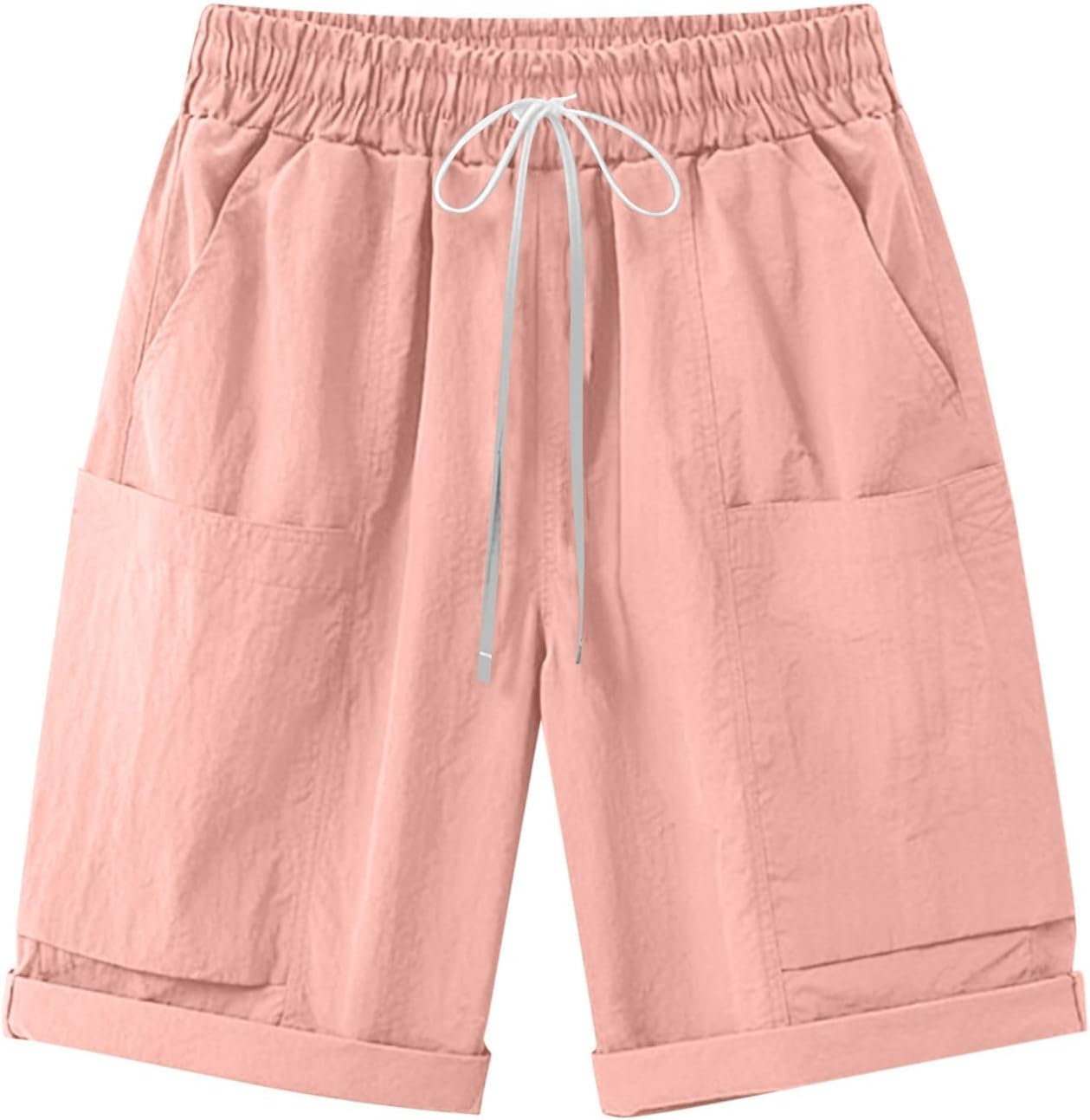 hamovessi Linen Bermuda Shorts for Women Knee Length Drawstring Elastic Waist Cargo Shorts Summer Casual Roll up Beach Shorts