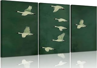 3Pcs Japanese Green Crane Wall Art Minimalist Bird Canvas 16X24in Framed