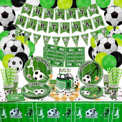 Forniture per feste di calcio - palloncini da calcio, striscioni, decorazioni per torte, piatti, tovaglioli, tazze, tovaglie e cannucce di carta per decorazioni per ragazzi, per 20 ospiti
