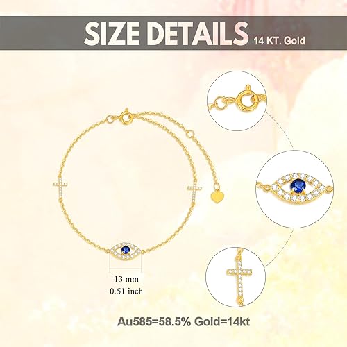 Miniatura 3 de 14K Real Gold Evil Eye Bracelet for Women Yellow Gold Eveil Eye and Cross Bracelets Dainty Blue Evil Eyes Bracelet Adjustable 6.5" to 8.5"