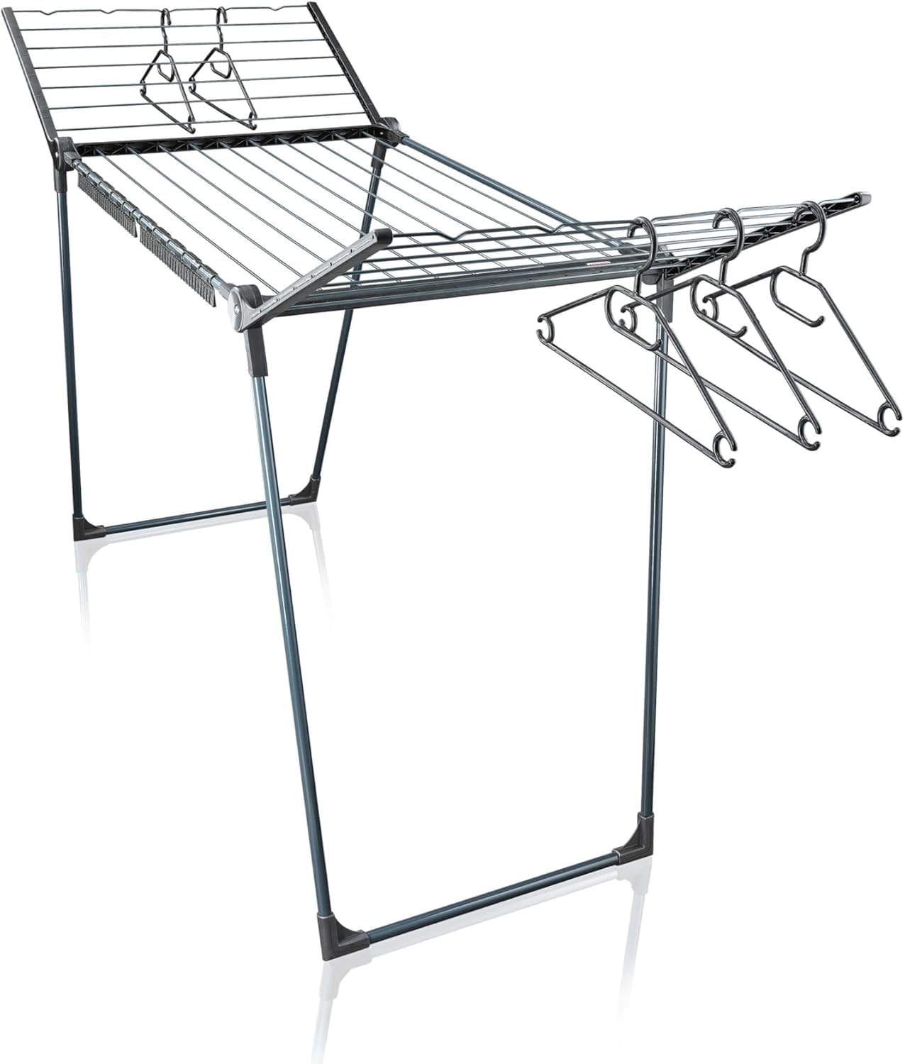 Leifheit Stendibiancheria Pegasus 200 Solid Black, 20 m Pieghevole | Alette laterali alte 107 cm per capi lunghi, 5 grucce antivento, 2 supporti piccoli capi, uso interno ed esterno