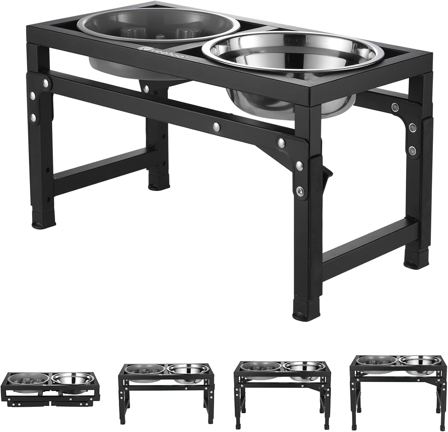 Veehoo Adjustable Elevated Dog Bowls for Large Dogs, Raised Dog Dish Stand with 2 Stainless