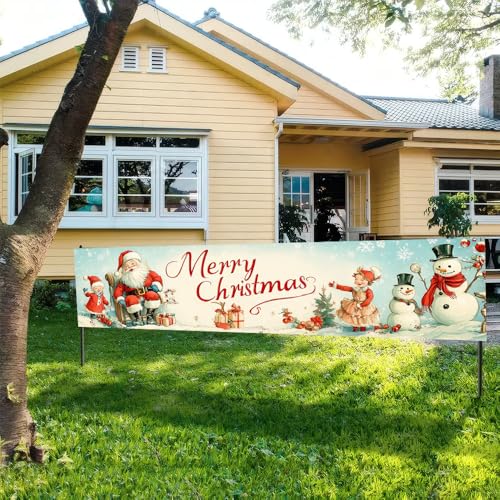 Image of Vintage Snowman Christmas Banner 78.7 x 17.7 Inch Santa and Snowman with Retro Winter Scene Holiday Decoration for Yard Fence Garden or Indoor Wall Display Seasonal Celebration