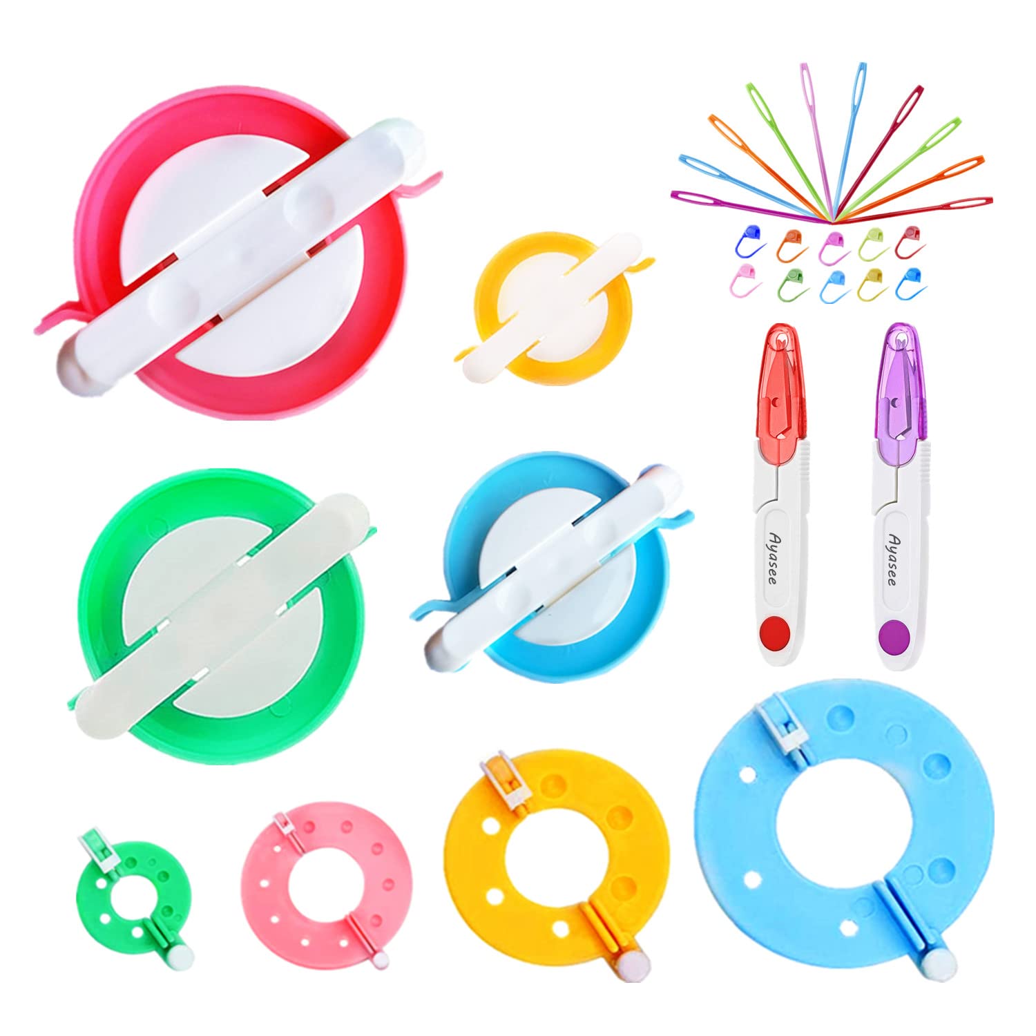 Ayasee Pompom Maker Kits, Pom pom Knitting Loom Kit Fluff Ball Weaver Needle Craft DIY Knitting Crochet Craft Tool Kit, 8PS Pompom Maker+10PS Knitting Markers+10PS Needles+2PS Scissors (30)