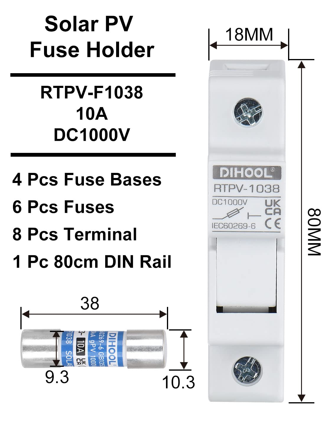 DIHOOL Instalación de guía DIN de 1 polo dc1000v 10 x 38 mm, fusibles fotovoltaicos 10a (4 fusibles y 6 fusibles)
