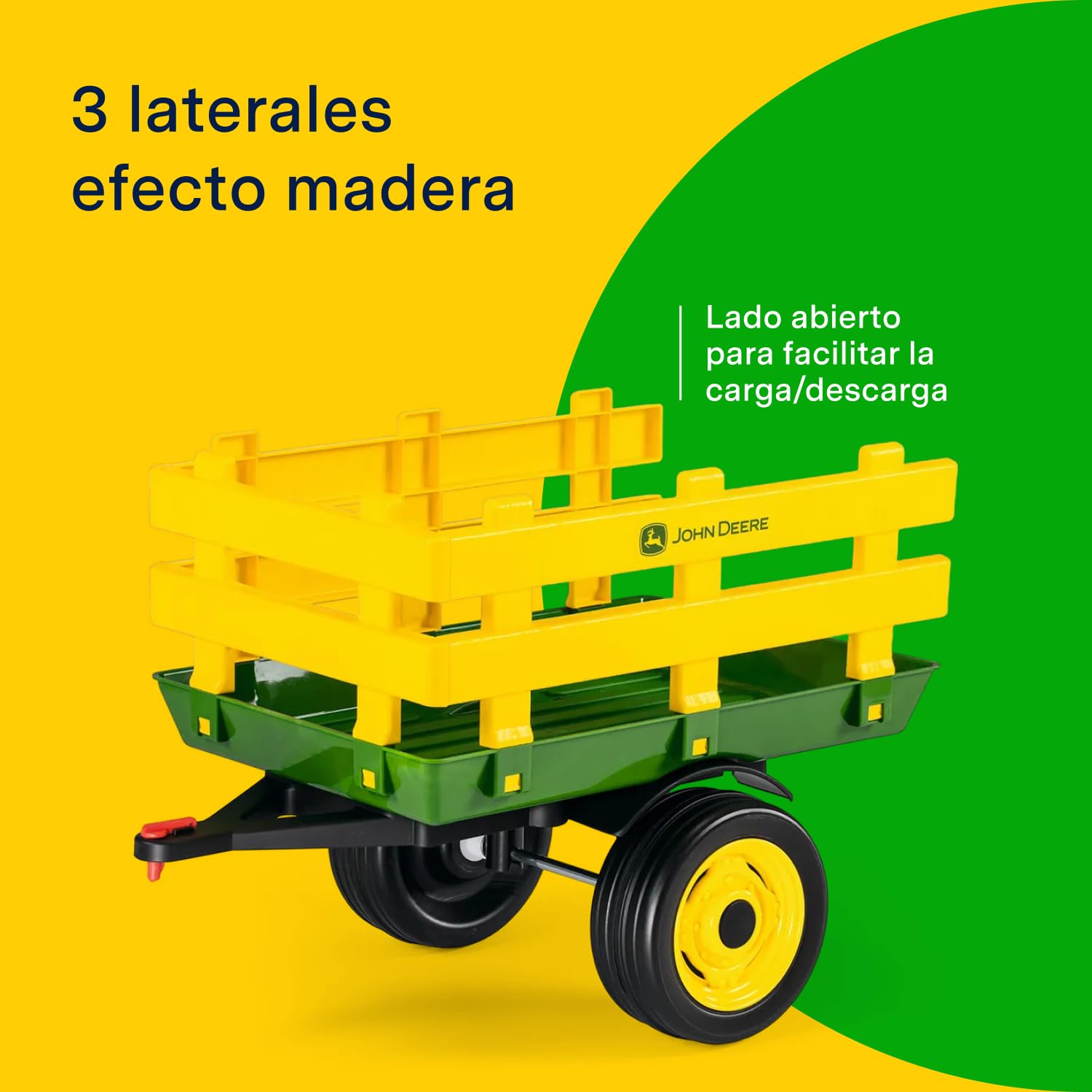 Peg John Deere Stake-Side Trailer, Remolque de Dos Ruedas para Tractor Eléctrico Ground Loader, Capacidad de Carga 10 kg, para Niños a Partir de 2 Años