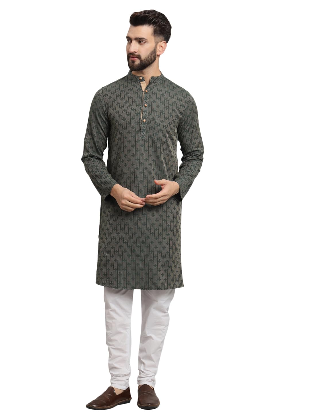 LATEST CHIKAN Men's Cotton Regular Striped Knee Lenght Kurta Full Sleeves