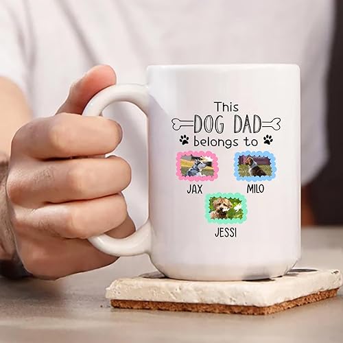Miniatura 3 de Taza de café personalizada con texto en inglés "This Dog Dad Belongs To Picture Dogs", taza de café personalizada para perros con nombres de fotos