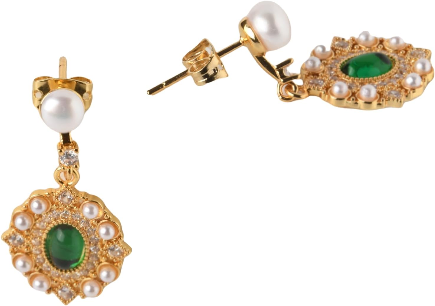 Vintage Style Drop Earrings, Gold-Tone, Green Crystal and natural Pearl Design, Ornate Dangle，Mother's Day/Christmas/Valentine's Day/Birthday Gifts