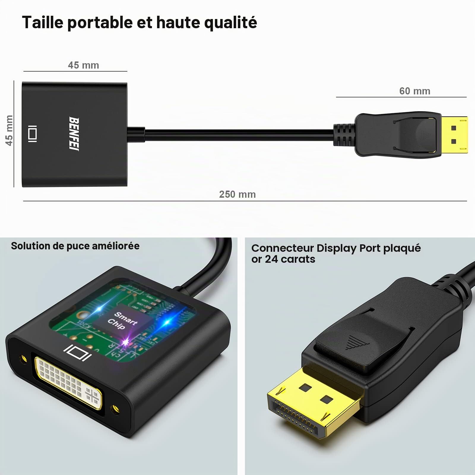 BENFEI Adaptateur DisplayPort vers DVI-D mâle vers Femelle Noir Compatible Lenovo Dell HP