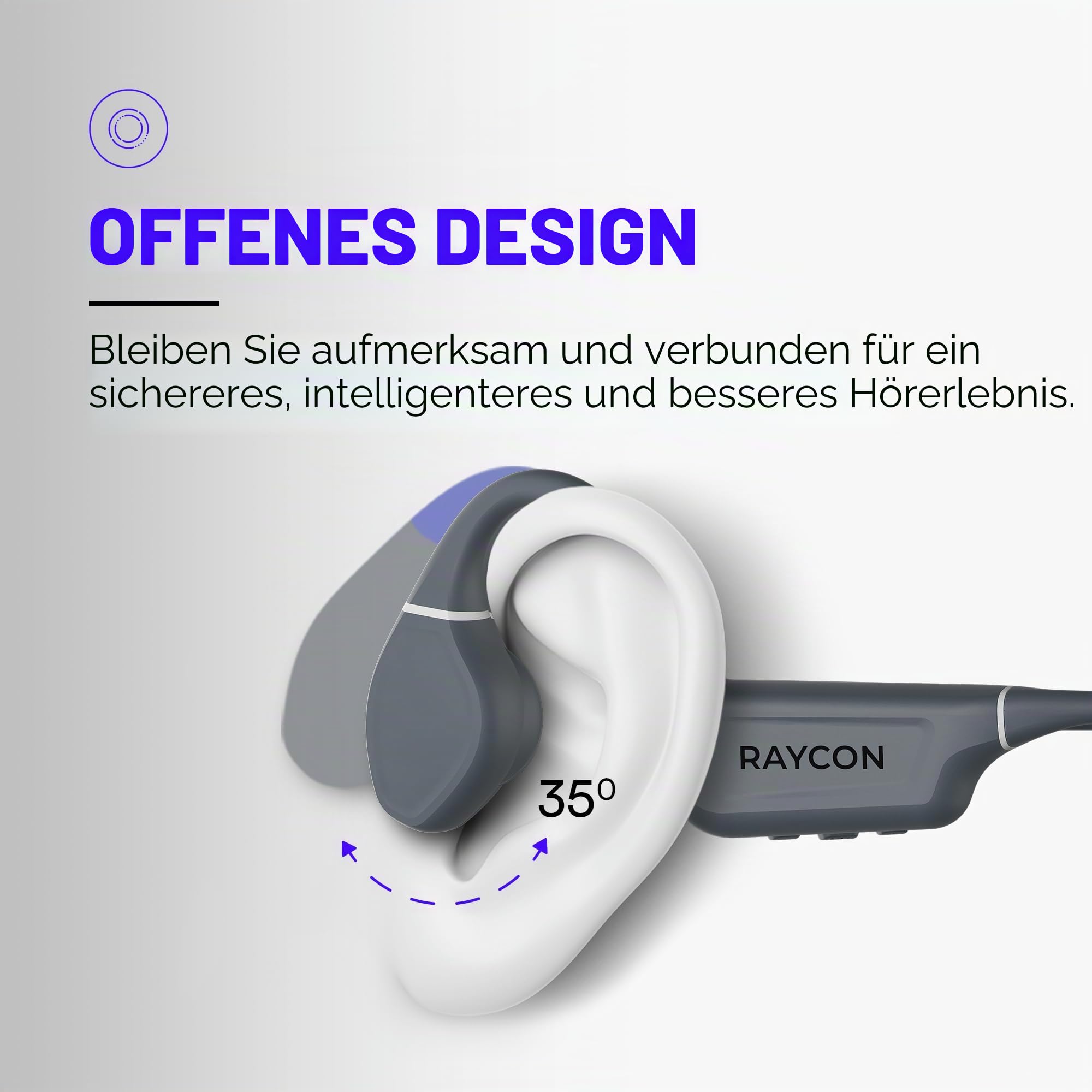 Raycon Knochenleitungskopfhörer, Bluetooth Open-Ear-Sportkopfhörer mit Mikrofon, IPX68 wasserbeständig für Training und Laufen, 13 Stunden Wiedergabezeit, Grau