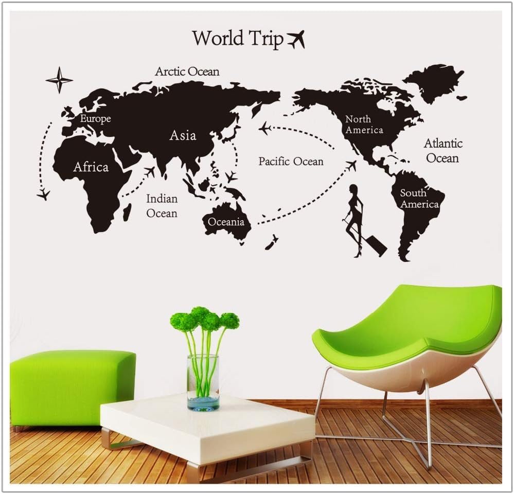 CreativeEdge PVC Vinyl World Map Wall Sticker Black Self Adhesive Decorative Wallpaper for Living Room Bedroom Study Room Office Classroom (90 cm x 60 cm)