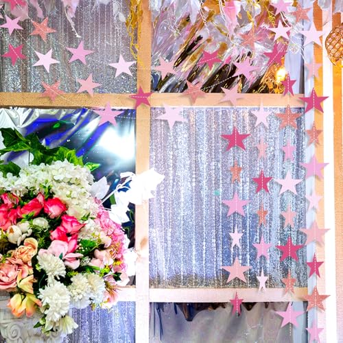 Image of Patelai Glitter Star Garland Banner 2026 Graduation Decor 130 Feet Star Hanging Banner Twinkle Backdrop for Party Birthday Classroom Wedding Supplies(Pink,Purple)