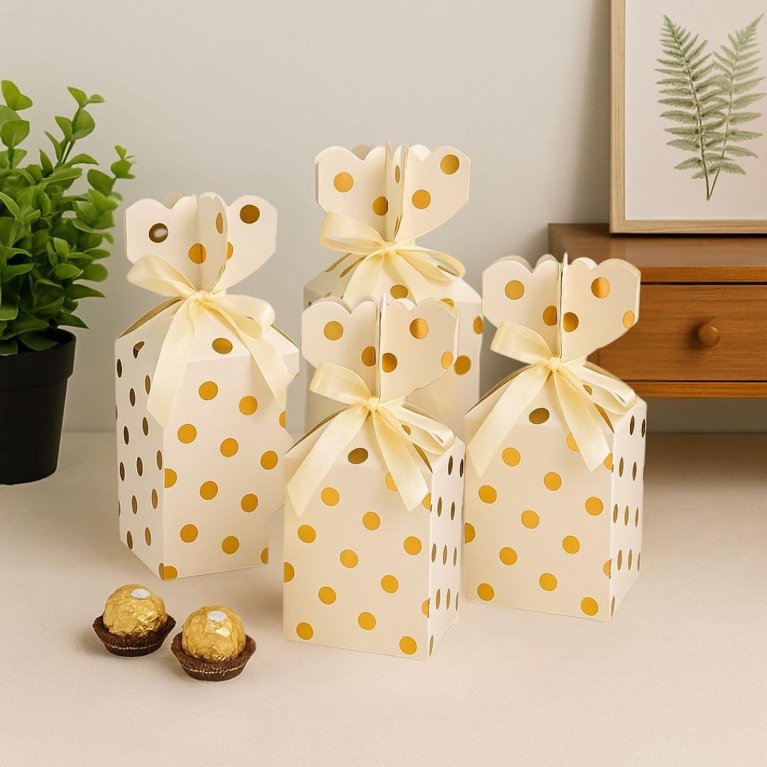 SATYAM KRAFT 12 Pcs Polka Dot Multipurpose Decorative empty Paper Folding Gift Box with Ribbon | Wedding Party Birthday Chocolates Dry Fruits Hamper Box Festive small Personalized Gifts(White Golden)