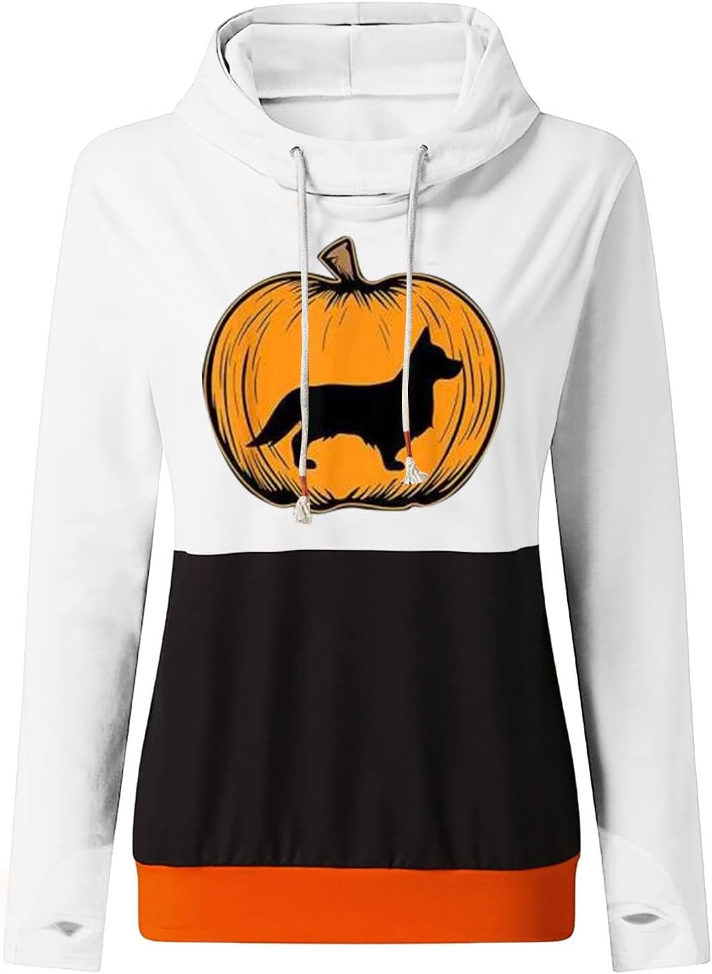 GREFER Women Colorblock Hoodies Halloween Printed Choker Hooded Sweatshirt Casual Long Sleeve Pullover Tops