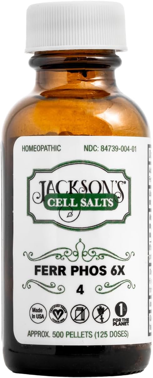 Jackson's Cell Salt #4 Ferr phos 6X (500 Pellet Bottle) – Certified Vegan, Lactose-Free Ferrum phosphoricum 6X