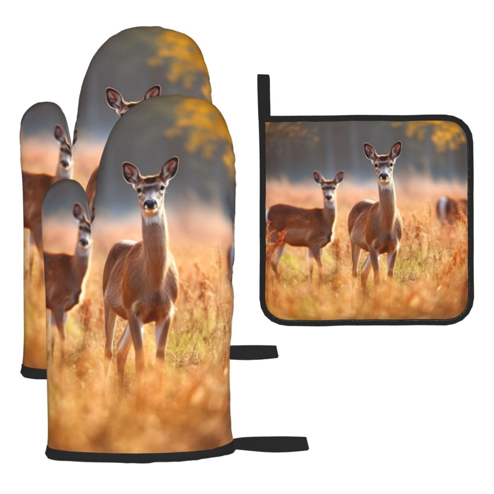 Oven Mitts and Pot Holders Set of 3 Heat Resistant Non-Slip Kitchen Gloves Hot Pads Deer in Autumn Field Oven Mitts Kitchen Mittens Gloves Non-Slip Potholders for Cooking Baking Grilling BBQ