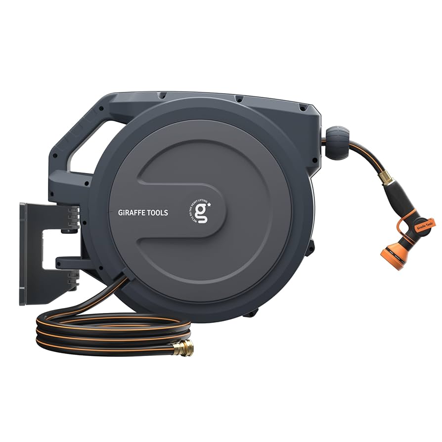 Giraffe Tools AW30 1/2MB Retractable Garden Hose Reel 1/2" x 100 ft PRO Metal Bracket, Heavy Duty, Any Length Lock Hose Reel, 100 ft, Dark Grey