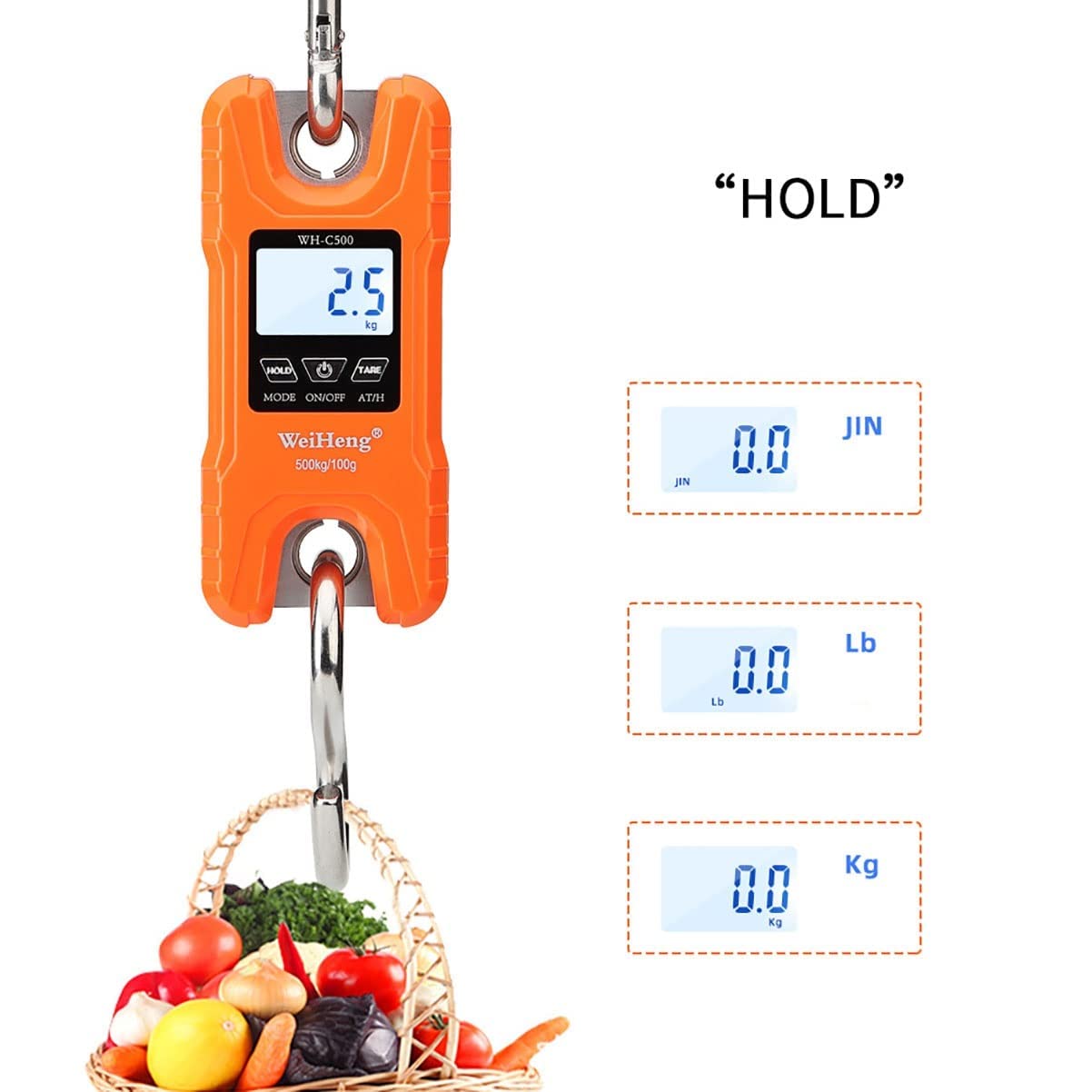 Gepäckwaage, Kofferwaage, 500 kg Mini-Kranwaage, tragbare 1000 Pfund, robuste digitale Hängewaage mit LCD-Display (Farbe: Schwarz, Größe: 500 kg/200 g) (Farbe: Oranje, Größe: 500 kg/2