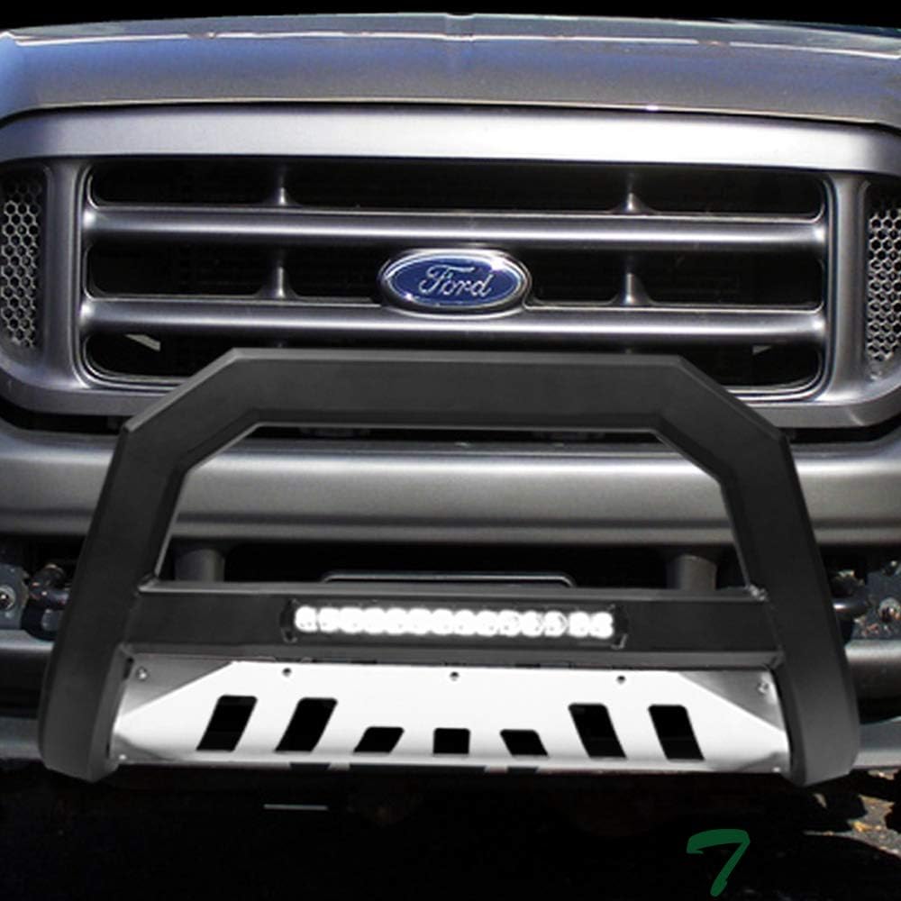 7422438251268 Compatible with 1999-2004 Ford F250 F350 F450 F550 Superduty / 2000-2004 Excursion Matte Black AVT Style Aluminum LED Light Bull Bar Guard with Stainless Skid Plate