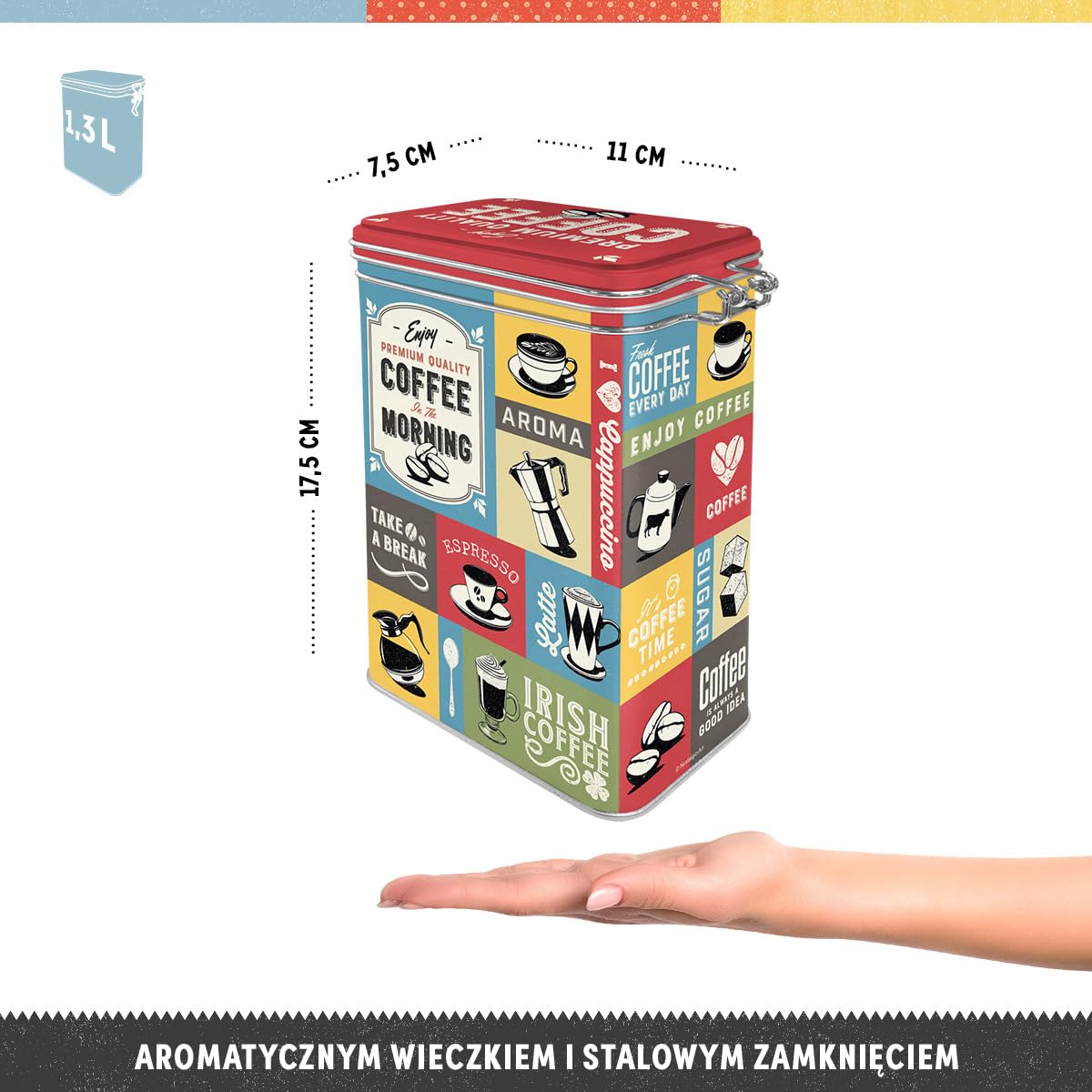 Nostalgic-Art Retro puszka na kawę, 1,3 l, Coffee Collage – Pomysł na prezent dla miłośników kawy, metalowy pojemnik z pokrywką aromatyczną, Styl vintage | Puszka blaszana z pokrywką aromatyczną, styl vintage, dekoracja do kawy, pomysł na prezent dla fanó