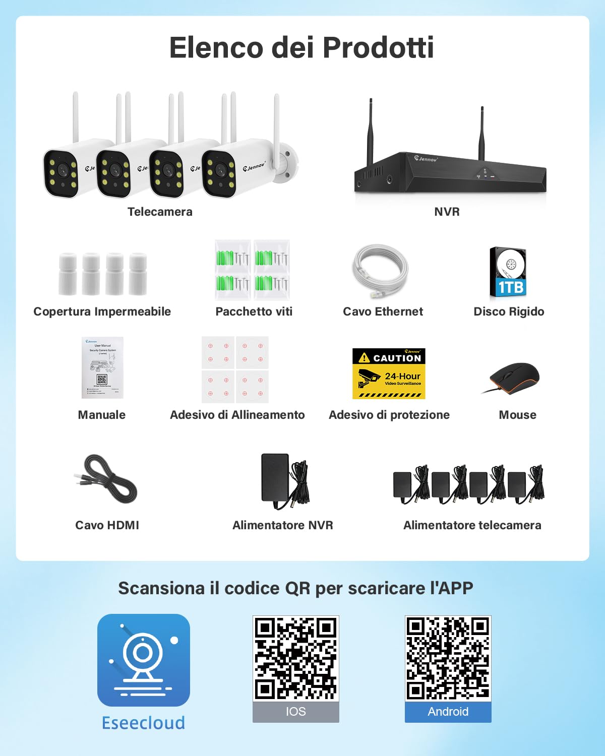 Jennov 5MP Kit Videosorveglianza WiFi, 10CH 5MP WiFi NVR mit 4X Telecamere WiFi mit Grandangolo a 120°, Registrazione 24/7, Rilevamento Persona, Audio Bidirezionale, Visione Notturna a Colori, 1TB