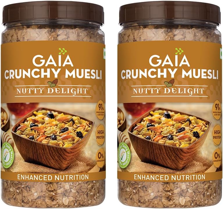 GAIA Nutty Delight Crunchy Muesli 1 kg jar (Pack of 2) - A Perfect Blend of Multigrains, Nuts, Oats and Cornflakes The Ultimate Healthy and Delicious Breakfast Cereals.