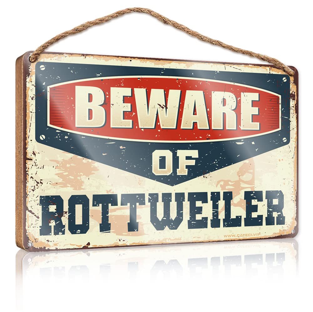 FZFN Hanging Plaque Wooden Beware Of Rottweiler Wooden Sign Front Porch Decor Gifts For The Office(23X35CM)