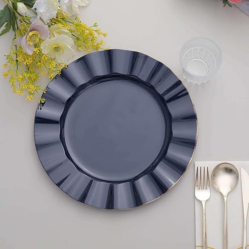 Miniatura 7 de Tableclothsfactory Paquete de 10 platos redondos de plástico azul marino de 11 pulgadas, vajilla desechable con borde ondulado dorado para bodas,