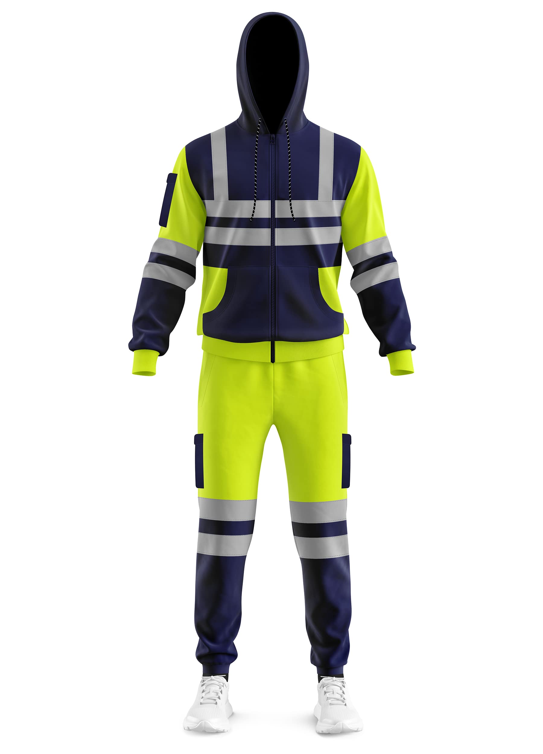 mymixtrendz Tuta da uomo Hi Vis Viz con cappuccio e zip ad alta visibilità Felpa e pantaloni da jogging con nastro riflettente con zip e pantaloni da jogging di sicurezza Set completo
