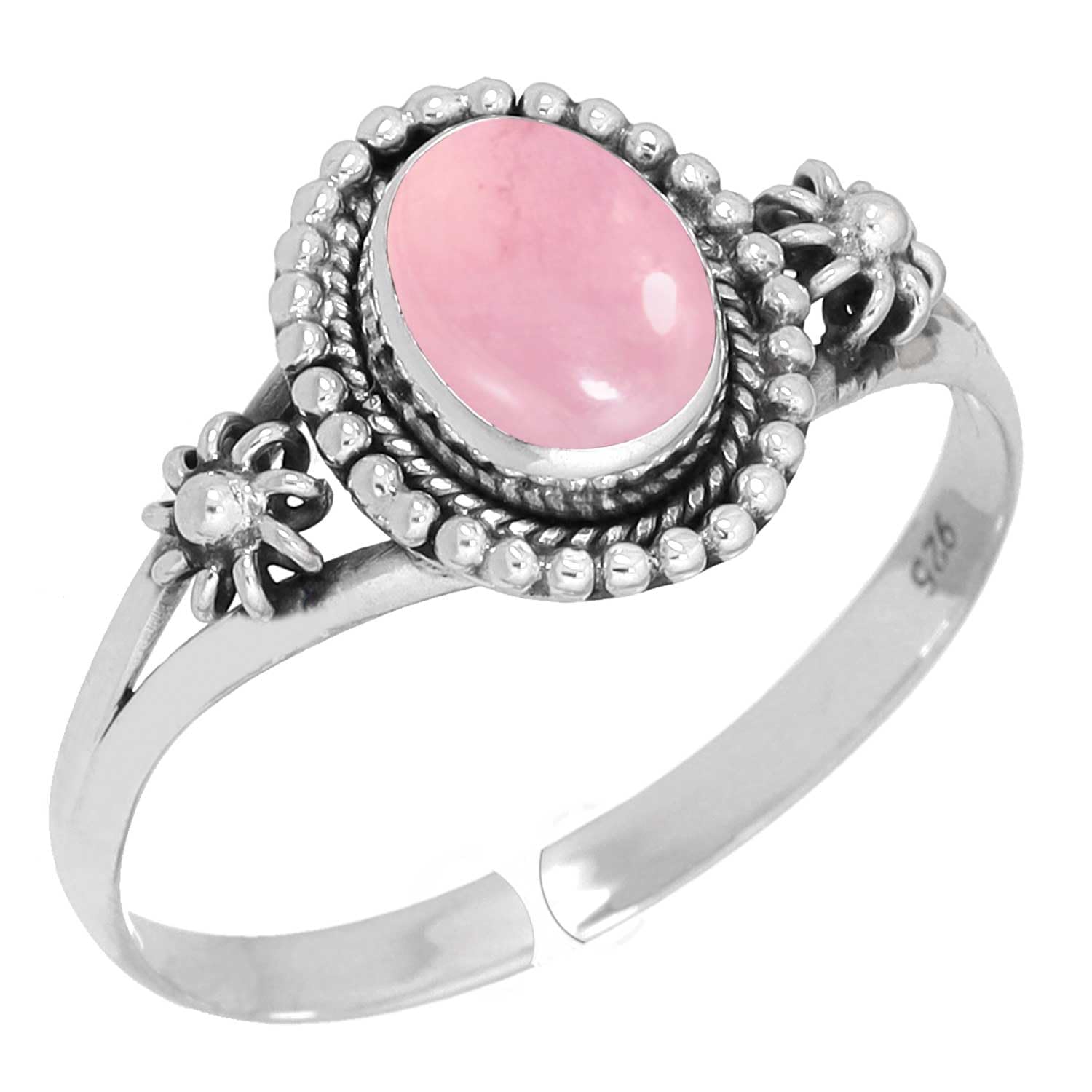 Jeweloporium Rosa Rosenquarz Silber Verstellbarer Ring, 925 Sterling Silber Ring für Damen, Ovaler Edelstein Boho Schmuck