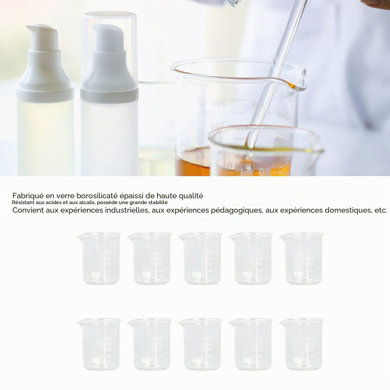50 ML Verre Doseur, 10 Pcs Bécher Gradué en Verre Borosilicate, Béchers de Mesure, gobelet cylindrique expérimental avec Ligne d'échelle Standard Transparente, pour Laboratoire et Cuisine