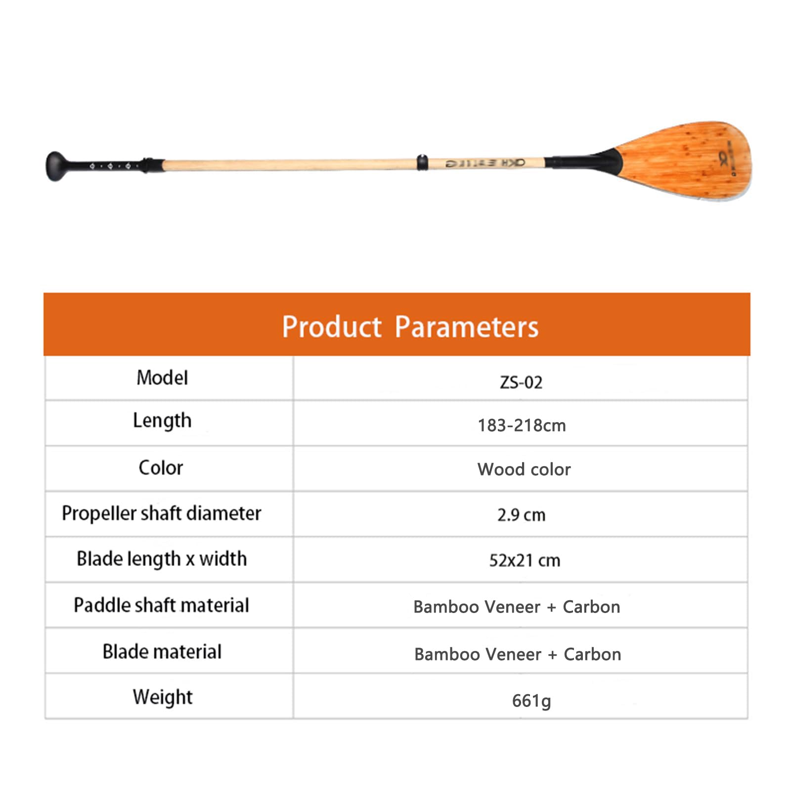 Pagaia per kayak a 3 sezioni in fibra di carbonio opaca, lunghezza regolabile 1829 mm-2185 mm, 661 g, lama in bambù + albero in fibra di carbonio, blocco in nylon, attrezzatura per kayak di alta