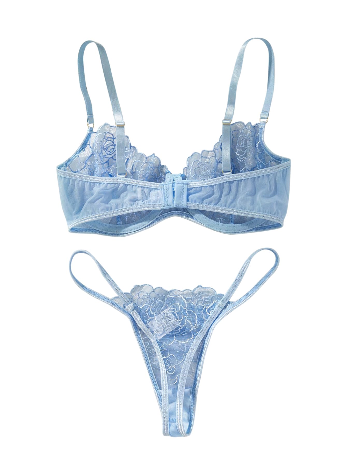 Lilosy Sexy Satin Mesh Floral Sheer Embroidered Underwire Lingerie Set 2 Piece Women Push Up See Through Matching Bra Panty Print Royal Blue Medium: Flower X-Large Solid Light Blue
