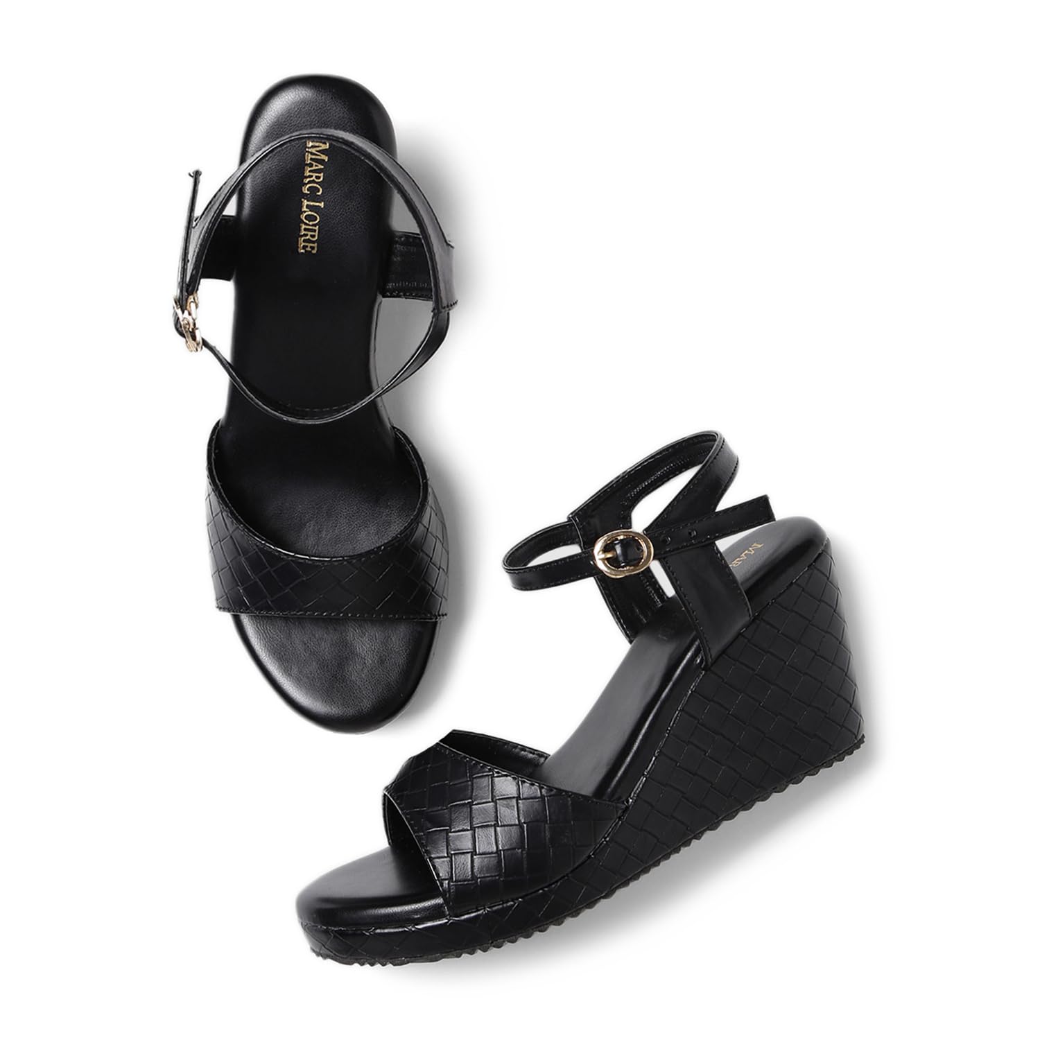 Marc Loire Womens Fashion Open Toe, High Heel Slip On Buckle Strap Wedges Sandals (Black, numeric_5) (B0CD469GHQ) Amazon Price History, Amazon Price Tracker