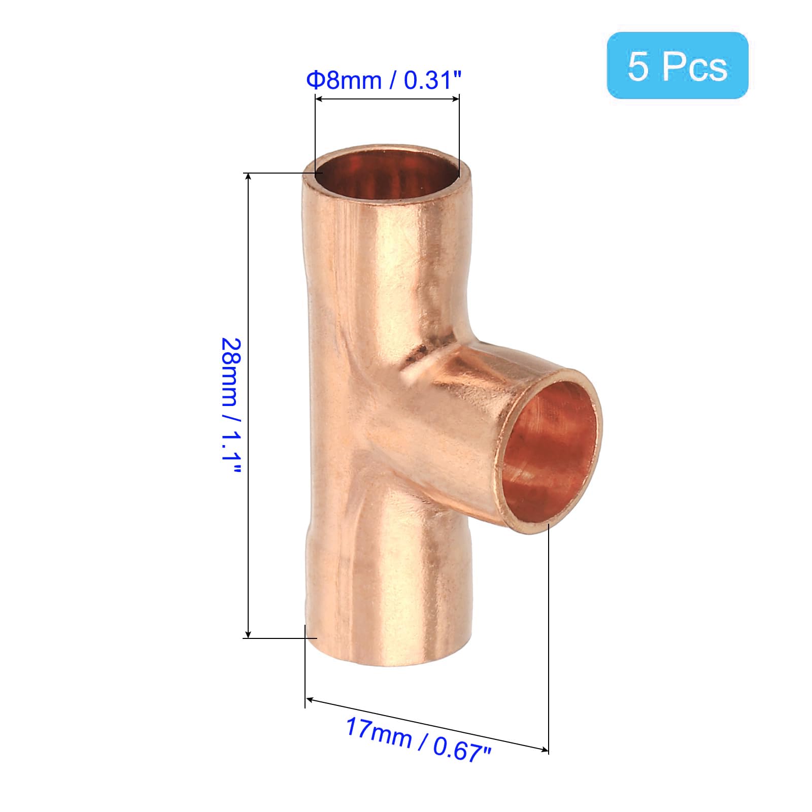 MACHSWON 5Pcs 0.31 inch Copper Tee Fitting, 8mm ID 0.8mm Thick High-Pressure Leak-Proof Tee-Shaped Pipe Connector for Plumbing & HVAC - Image 2