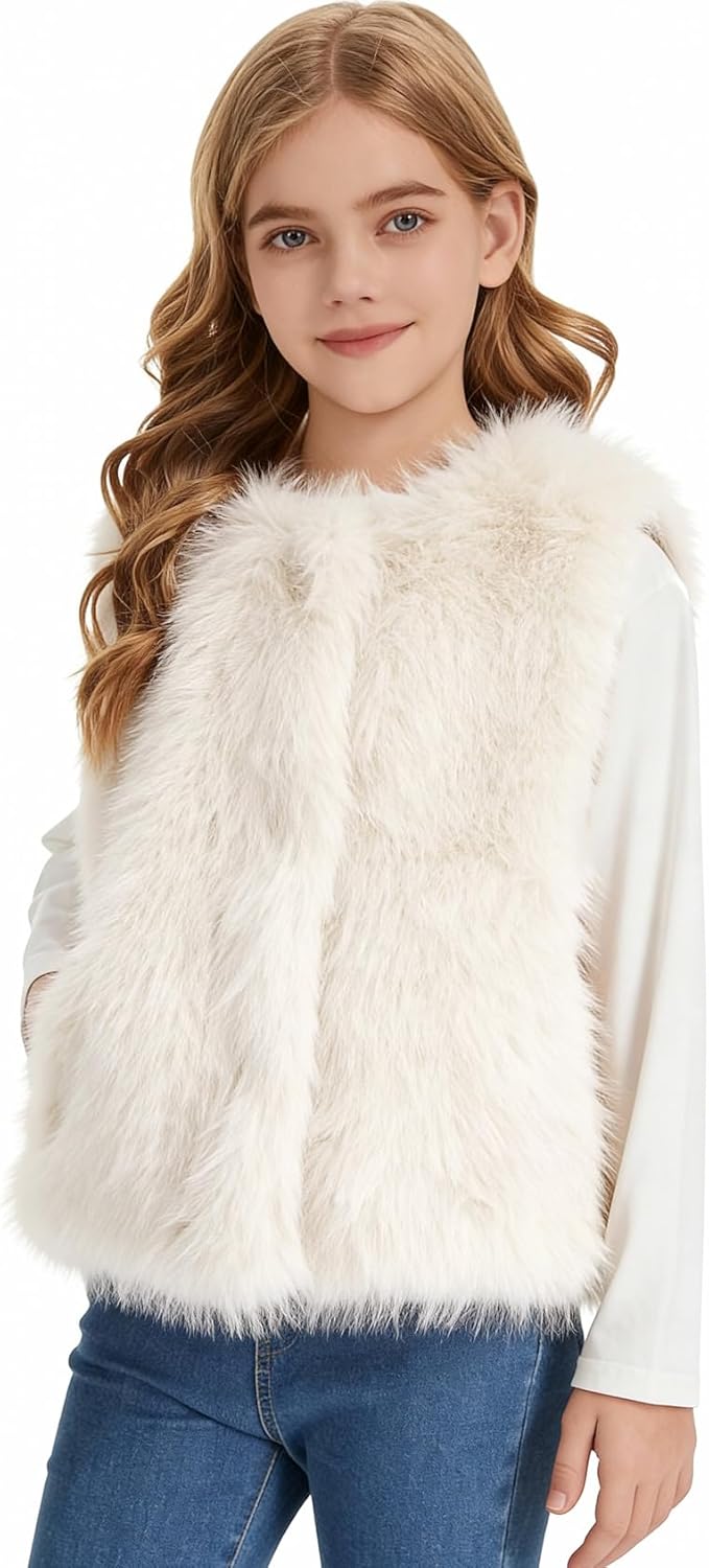 Flygo Girls Faux Fur Vest Kids Sleeveless Open Front Fluffy Jacket Warm Winter Fuzzy Waistcoat Outerwear with Pockets - Image 2