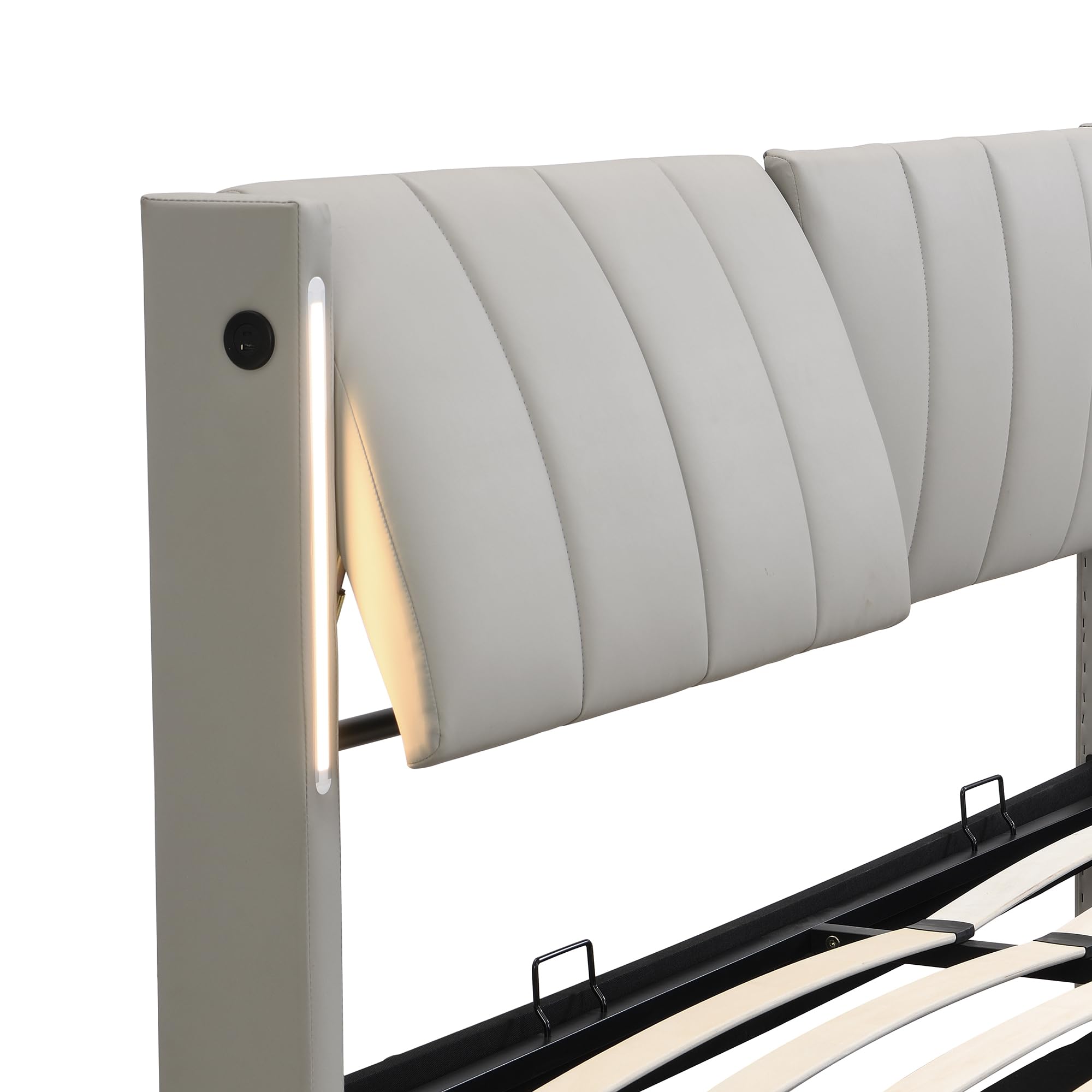 Rtopsu Letto Imbottito Letto Matrimoniale 160x200 cm con USB Type C e LED, Letti con Contenitore, Letti Idraulico con Rete a Doghe e Telaio in Metallo, Testata Regolabile, PU, Grigio, Senza Materasso