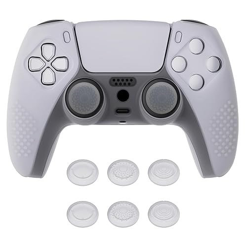 Miniatura 12 de eXtremeRate PlayVital - Funda de silicona antideslizante para controlador PS5, color morado malva 3D, con 6 tapas blancas de agarre para el pulgar