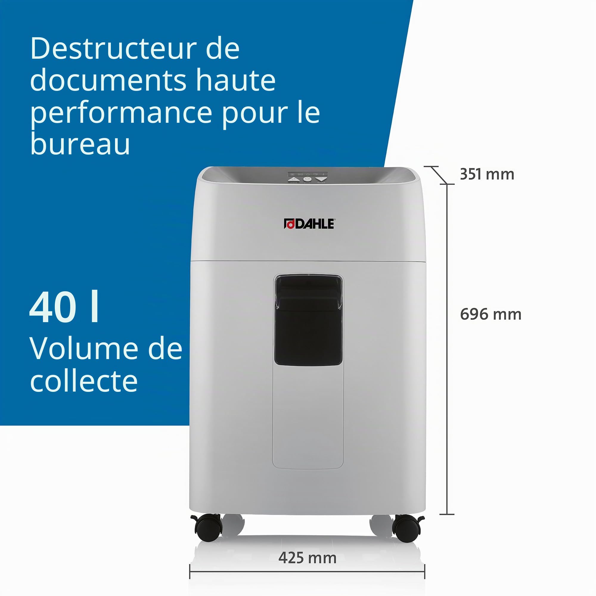 Dahle 404P Deskside, destructeur de documents P-4 de grande capacité, moteur puissant pour 21 feuilles, durée de fonctionnement prolongée, bac extractible, sans huile, pour la maison et le bureau