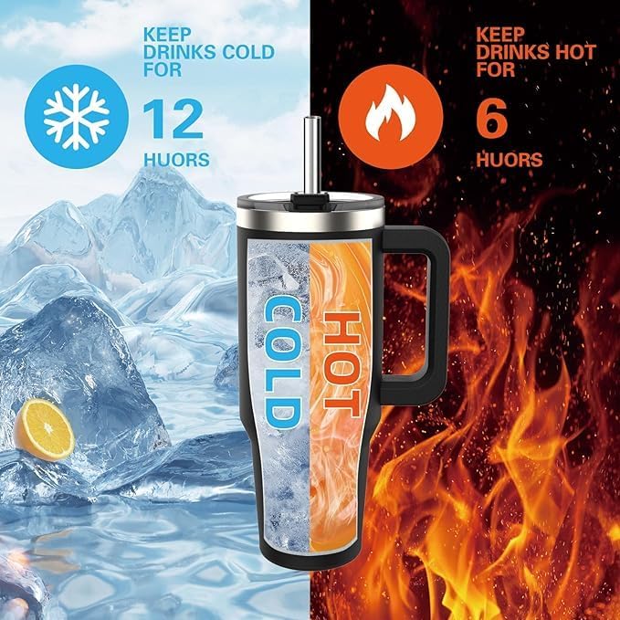 Image of VOLITO Personalised 1200ml Tumbler with Straw & Handle - Custom Name Stainless Steel Double Wall Insulated Cup - Leakproof Sipper Mug for Hot & Cold Drinks - Travel Coffee & Water Tumbler (Black)