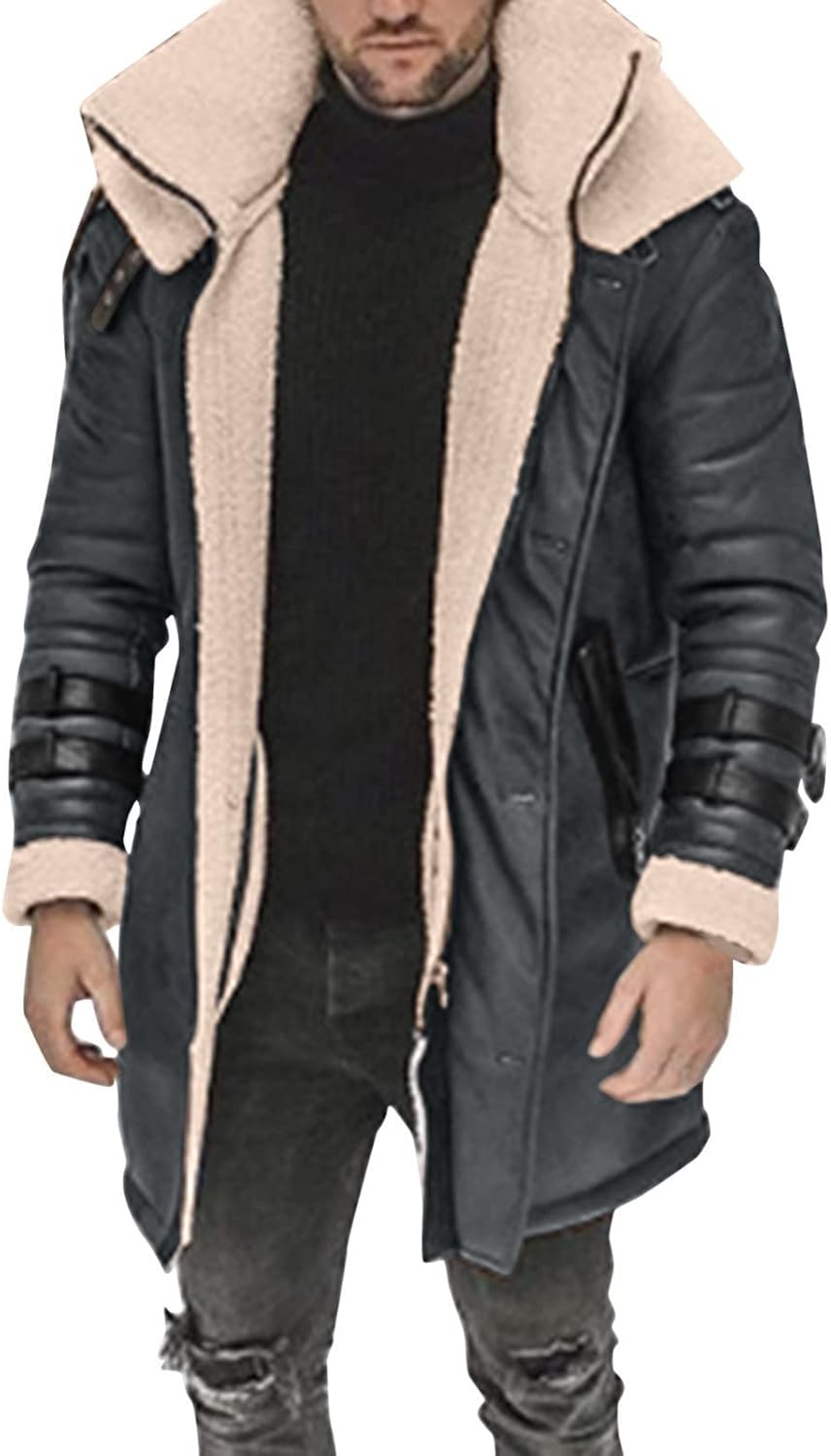 NATHGAM Faux Leather Sherpa-Lined Jacket Men Shearling Trucker Coats Heavyweight Hunting Suede Bomber Jackets with Pockets