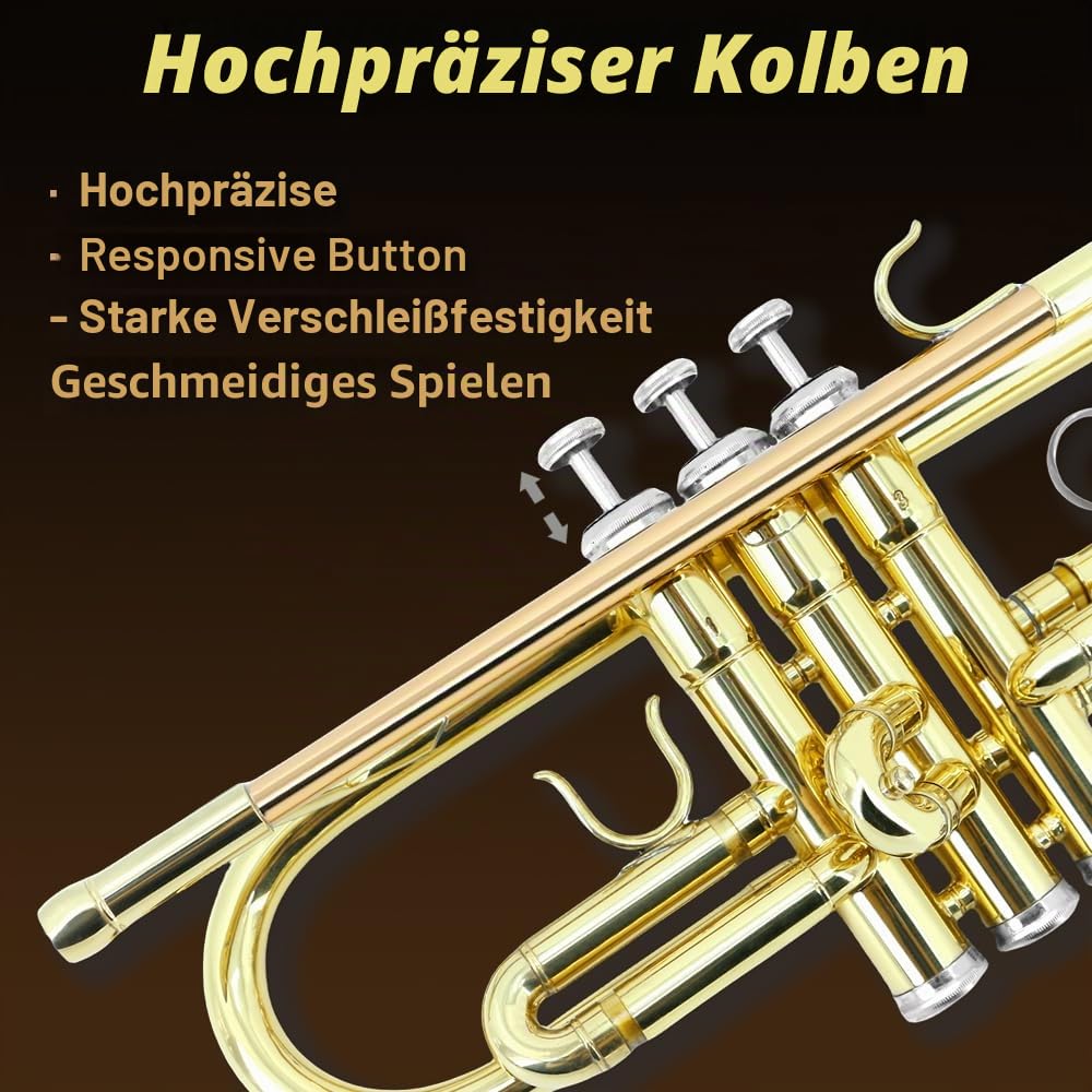 Standard Bb Trompete Set für Anfänger, Studenten Trompete, Messing Trompeteninstrument, B Flach, mit 7C Mundstück, Reinigungstuch, Handschuhen und Hartschalenkoffer (Golden)