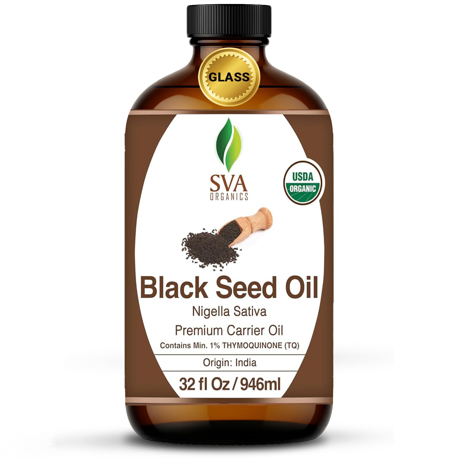 SVA Organics USDA Certified Black Cumin Seed Oil 32 Oz GURANTEED 100% ORGANIC, Pure & Natural, Hexane Free, Non-GMO, Premium Therapeutic Grade Oil GLASS BOTTLE for Aromatherapy, Skin & Hair Care :
