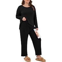 TIANZHU Plus Size Pajamas for Women UK Ribbed Nightwear Set Long Sleeve Top Wide Leg Pants with Pockets XL-4XL